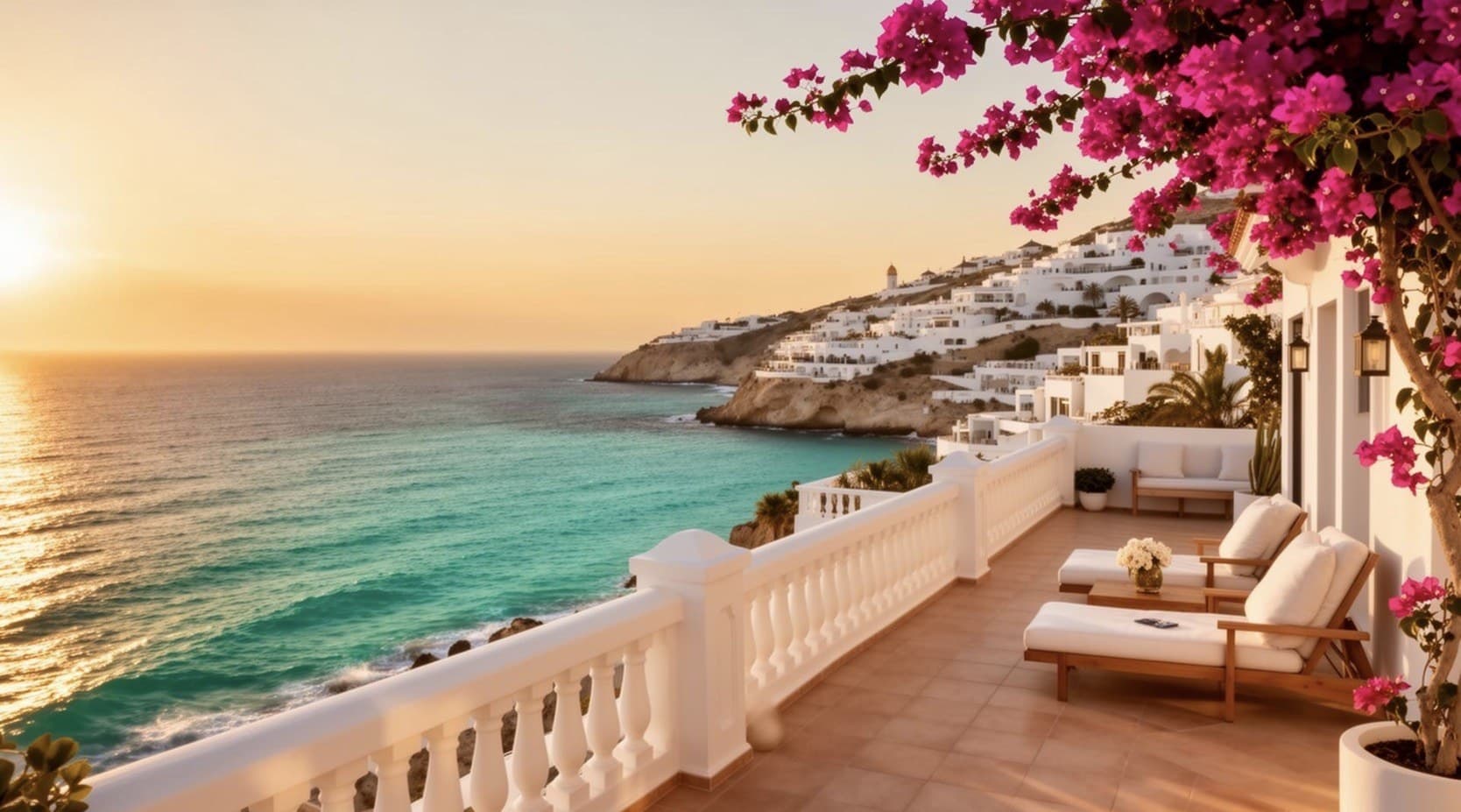 Terrasse premium avec bougainvilliers face à la mer au coucher du soleil